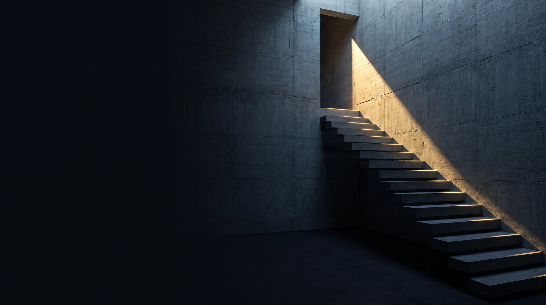 Cantilevered concrete stairs rising toward a tall lit opening